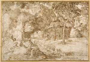 Pilgrims visiting St Jerome in the wilderness (pen & brown ink on white paper) بواسطة دومينيكو كامبانيولا