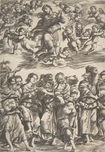 العذراء في أعلى الوسط في الغيوم ويداها متشابكتان ورجل يمنى مرفوعة ، وتحيط بها ... ، 1517. بواسطة دومينيكو كامبانيولا