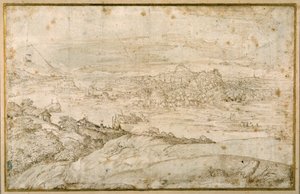Wooded landscape with a winding river; in the distance a city, a mixture of spires and domes with antique ruins (pen & brown ink on white paper) بواسطة دومينيكو كامبانيولا