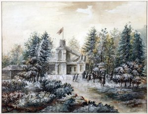 Pavillon de chasse Crack ، منزل Pavlovsk - Krak في Pavlovsk - Domenico Felice Lamoni (1745-1830). لوحة مائية ولون أبيض على ورق ، بعد عام 1778. متحف الدولة لتاريخ سانت بطرسبرغ
