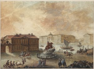 تمثال الفروسية لبطرس الأكبر في ميدان مجلس الشيوخ (Place de Senat، place des decembristes ouplace de Pierre) - Domenico Felice Lamoni (1745-1830). لوحة مائية ولون أبيض على ورق ، بعد عام 1782. متحف الدولة لتاريخ سانت بطرسبرغ