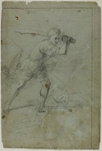 ديفيد بقطع رأس جالوت (وجه الصفحة) ؛ رسم تخطيطي لشخصية أنثوية رايات وذراعها اليمنى مرفوعة فوق الرأس (ظهر)
