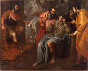 Mediis tranquillus in undis أو "" إعاقة الفيلسوف اليوناني Anaxarchus of Abdere (القرن الرابع قبل الميلاد) "" "كان رفيقًا لممثل الإسكندر الأكبر على اليسار. لوحة لدومينيكو فياسيلا ديت إيل سارزانا (1589-1669) 1630-163