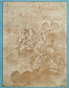 يوكل كوكب المشتري باخوس إلى ميركيور لرسم باللون البني والدم بواسطة دومينيكو كانوتي (1620-1684) في باريس. متحف اللوفر