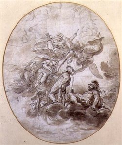 تأليه هرقل ، تصميم لوحة جدارية لسقف Palazzo Pepoli في بولونيا (قلم حبر وحبر وغسل بني داكن على الورق)