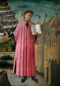 يقدم الشاعر الإيطالي دانتي أليغيري (1265-1321) عمله "الكوميديا الإلهية" "(الكوميديا الإلهية)". التفاصيل. فريسكو لدومينيكو دي ميشلينو (1417-1491) ، كاتدرائية سانتا ماريا ديل فيوري ، فلورنسا. (دومو ، فلورنسا) إيطاليا