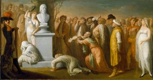 حملة (إكسبيديشن) مصر (1798-1801): "" عودة نابليون بونابرت (1765-1821) من مصر في أكتوبر 1799 "" "تمثيل استعاري للجنرال نابليون منتصرًا عند عودته من مصر ، يرمز إليه تمثال نصفي من الرخام. الذي يتوج بواسطة دومينيك فيفانت دينون