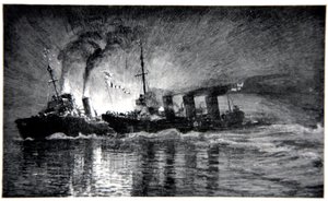HMS Broke صدمت المدمرة الألمانية ، رسم توضيحي من "الجبهة البحرية" لجوردون س. ماكسويل ، 1920