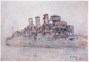 HMS Vindictive ، 25 أبريل 1918 ، رسم توضيحي من "الجبهة البحرية" لجوردون س. ماكسويل ، 1920