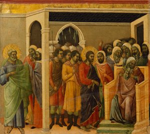المسيح أمام قيافا ، تفاصيل البلاط من حلقات من آلام المسيح وقيامته ، السطح العكسي لـ Maesta 'of Duccio Altarpiece في كاتدرائية سيينا بواسطة دوتشيو دي بونينسينيا