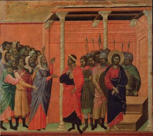 Jesus accused by the Pharisees. Maesta altarpiece (tempera and gold on wood بواسطة دوتشيو دي بونينسينيا