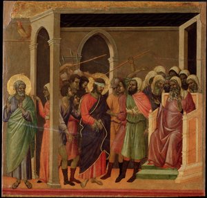 Jesus scorned. Maesta altarpiece (tempera and gold on wood بواسطة دوتشيو دي بونينسينيا