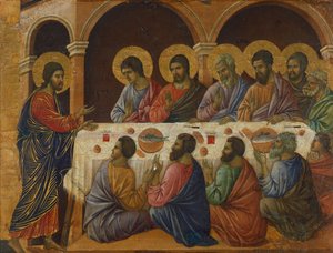 العشاء الأخير ، تفاصيل البلاط من حلقات من آلام المسيح وقيامته ، السطح العكسي لـ Maesta 'of Duccio Altarpiece في كاتدرائية Sienaby Duccio di Buoninsegna (كاليفورنيا 1255 - قبل 1319) ، تمبرا على الخشب