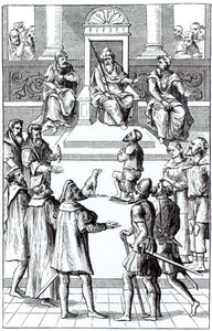 اعتراف بتعديلات أمام المحكمة ، بعد قطع خشبية في Praxis Rerum Criminalium بواسطة Joos de Damhouder (1507-81) نشر Antwerp ، 1556 بواسطة المدرسة الهولندية