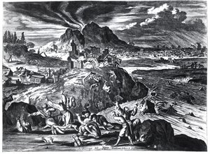 زلزال في إيدو (طوكيو) عام 1659 ، توضيح من حساب أرنولد مونتانوس للسفارات التي أرسلتها شركة الهند الشرقية الهولندية إلى إمبراطور اليابان ، نشر في أمستردام 1669 ( بواسطة المدرسة الهولندية