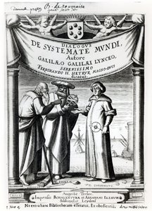 واجهة نظام الحوار في العالم بواسطة غاليليو (1564-1642) ، المنشورة في ليدن ، 1635 بواسطة المدرسة الهولندية