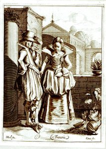 "Le Francois" ، رسم توضيحي يصور زوجين في زي فرنسي (نقش) (صورة بالأبيض والأسود) بواسطة المدرسة الهولندية