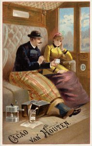 رجل يقدم الشوكولاتة لامرأة في القطار (كروموليثو) بواسطة المدرسة الهولندية