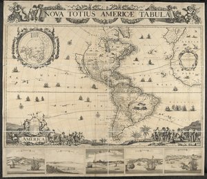 خريطة أمريكا ، Nova totius Americae Table ، [مع مناظر من] بنما ، Caput S. Augustini ، نيو أمستردام ، S. Savior ، Name D. God. رسمها ج.ماثيز بواسطة المدرسة الهولندية