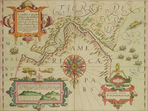 خريطة مضيق ماجلان ، باتاغونيا ، من حانة Mercator Atlas. بقلم جودوكس هونديوس (1563-1612) أمستردام ، 1606
