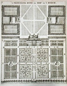 قصر هوف ليس بوش من "البستاني الهولندي" بقلم يوهان فان دير جروين ، نُشر عام 1699 (نقش) بواسطة المدرسة الهولندية