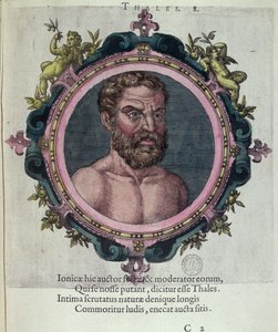 طاليس ميليتوس (c.625-547 قبل الميلاد) ، من أيقونة الأطباء والفلاسفة القدامى والجدد بقلم يوهانس سامبوكوس (1531-1584) ، التي نشرها بلانتين في أنتويرب 1574 (نقش الألوان) بواسطة المدرسة الهولندية