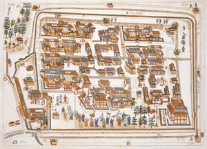 تأسس المصنع الصيني في شارع تينغ تشان في نانغاساكي عام 1688 ، من الرسوم التوضيحية لليابان بواسطة إسحاق الثدي (c.1740-1812) ، المنشور لندن ، 1822 بواسطة المدرسة الهولندية