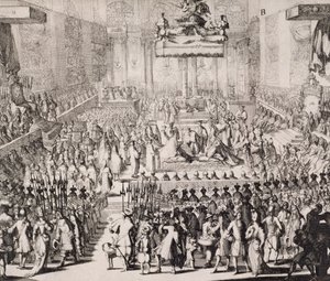 تتويج وليام أورانج (1650-1702) وماري (1662-1694) ، في دير وستمنستر ، 21 أبريل 1689 بواسطة المدرسة الهولندية