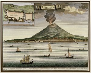 جزيرة تيرنات ، مولوكاس ، إندونيسيا ، رسم توضيحي من Oud Nieuw Oost-Indien ، 1724-26 بواسطة المدرسة الهولندية