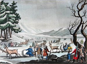 تونغوس يغادر معسكره الشتوي على مزلقة تجرها حيوانات الرنة ، حوالي عام 1820 (نقش ملون) بواسطة E. (بعد) Karnejeff