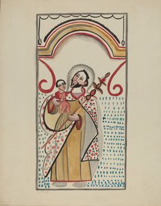 التفاصيل من مذبح كبير على الحائط الشرقي لكنيسة Sanctuario في Chimayo. سانت كريستوفر