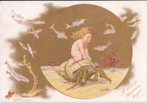 بطاقة عيد الميلاد الفيكتورية لسرطان ناسك في صدفة يمزقها جسم مائي محاط بمياه ضحلة من الأسماك ، بقلم جيرترود طومسون ، حوالي 1895 (لون ليثو) بواسطة إي جيرترود طومسون