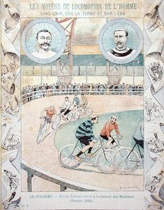 Charles Terront (1857-1932) و Jules Corre في Galerie des Machines في فبراير 1893 ، من كتاب مدرسي (color litho) بواسطة إي ليتيلييه