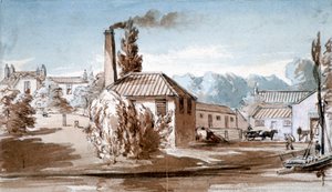 منظر لـ Stephenson and Giles Starch Works في Old Ford ، Bow ، London ، c1830. بواسطة إي نويس