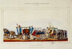 رقصة صانعي الجعة والقوارير خلال الموكب الصناعي في ستراسبورغ في 25/06/1840. ليثوجراف سيمون بواسطة إي سيمون
