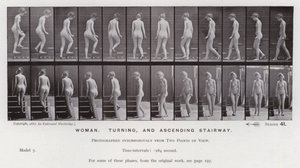 The Human Figure in Motion: Woman, turning, and ascending stairway (b/w photo) بواسطة ايدويرد مويبريدج