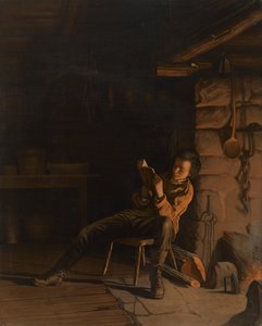 طفولة لينكولن. (أمسية في كوخ لوج.) ، 1868 (الطباعة الحجرية الملونة على ورق على متن الطائرة) بواسطة ايستمان جونسون