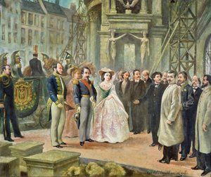 Baron Georges-Eugene Haussmann (1809-91) Napoleon III (1808-73) و Empress Eugenie (1826-1920) زيارة العمال في الأوبرا بواسطة إد. جيليس