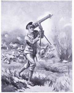 الجندي لين يحمل مدفع رشاش للإصلاح تحت نيران كثيفة في معركة أيسن. مُنحت DCM 1915 بواسطة إدغار ألفريد هولواي