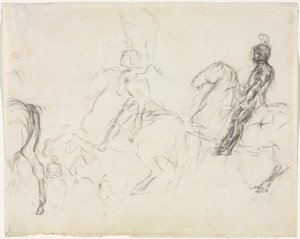 مشهد معركة بأشكال مصفحة على ظهر الحصان المستقيم امرأتين جالسين في الخلف ، 1856-1860. بواسطة إدغار ديغا