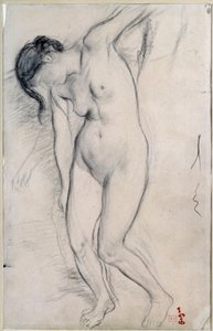 دراسة عن امرأة عارية تقف عند "" مشهد جوي في منتصف العمر "". رسم إدغار ديغا (1834-1917) ، حوالي 1863-1865). قاتمة: 0.35 × 0.22 م. باريس ، متحف أورسيه بواسطة إدغار ديغا