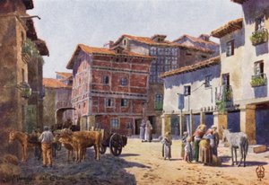 شمال إسبانيا: Miranda del Ebro ، A Corner in the Town (color litho)
