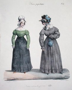 صورة كاريكاتورية لعشيقة غيورة مع خادمتها ، اللوحة رقم 40 من سلسلة "Scenes Populaires" ، نقشها لانجلوم ، حوالي عام 1820 (حجر ملون) بواسطة إدمي جان (بعد) بيجال