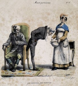 طبيب مريض يبحث في القدر وخادم. رسم كاريكاتوري عن الأخلاق الباريسية بواسطة Pigal (القرن التاسع عشر) ، محفوظ في متحف Dobree في نانت. بواسطة إدمي جان (بعد) بيجال