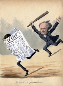 "سلطة المقاضاة"، رسم كاريكاتوري عن قانون الصحافة لعام 1875 في فرنسا (طباعة حجرية ملونة)