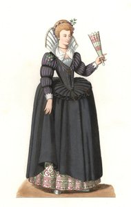 امرأة فرنسية في عهد الملك هنري الثالث (1551-1589) - الطباعة الحجرية تستند إلى رسم إيضاحي من إدموند ليتشيفالييه شوفينارد (1825-1902) ، من "Costumes historyiques des 16th" بواسطة ادمون ليتشيفالييه شيفينارد