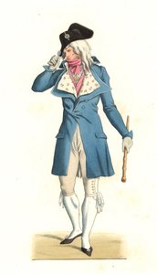 شاب فرنسي ولد على طراز الخارقون في القرن الثامن عشر ، بعد لوحة لكارل فيرنيه (1758-1836) - الطباعة الحجرية من رسم إيضاحي لإدموند ليتشيفالييه شوفينارد (1825-1902) ، من "Costumes historyiques des 16e" بواسطة ادمون ليتشيفالييه شيفينارد