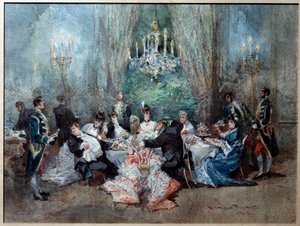 مشهد الوجبة. رسم توضيحي للمشهد 10 من الفصل الثاني من "" The Reveillon "" لهنري (هنري) ميلهاش (1830-1897) ولودوفيك هليفي (1834-1908) في القصر الملكي بواسطة ادموند مورين