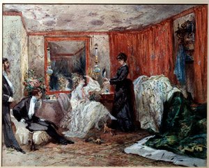 الممثل الكوميدي المسرحي هورتنس شنايدر (1833-1920) ، عشيقة جاك أوفنباخ (1819-1890) ، تمثل على اليسار في غرفة ملابسها في مسرح الأصناف. لوحة مائية بواسطة إدموند مورين (1824-1882) 1873 Compiegne ، متحف القلعة بواسطة ادموند مورين