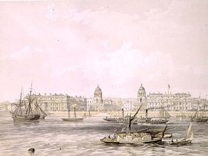 مستشفى غرينتش ، نقشها توماس بيكن (من 1838 إلى 1870) ، حانة. 1852 بواسطة Lloyd Bros. & Co. (طباعة حجرية) بواسطة ادموند (بعد) ووكر